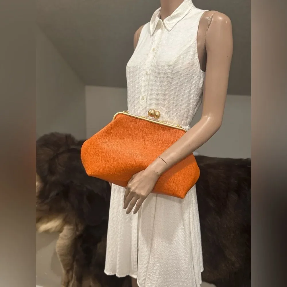 Orange Pebble Leather Handmade Vintage Style Extra Large Kisslock Frame Bag